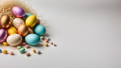 Fototapeta na wymiar Multi colour easter eggs with copy space on white background
