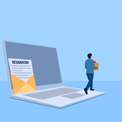 Man carrying cardboard away laptop and resignation envelope, metaphor for resignation. Simple flat conceptual illustration.