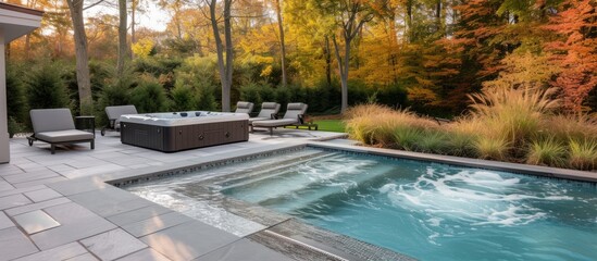 A composite material swimming pool with a hot tub surrounded by a natural landscape, lush plants, trees, and grass, creating a leisurely and beautiful backyard oasis.