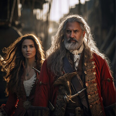 female pirate in a red jacket holding a sword to medieval man with long brown hair and a grey beard...