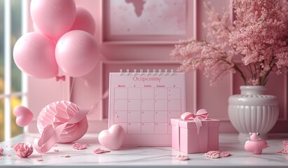 Pink Balloons and Calendar: Celebrate the Month with a Pop of Color Generative AI