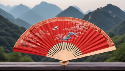 Red chinese fan with mountains in the background  - obrazy, fototapety, plakaty