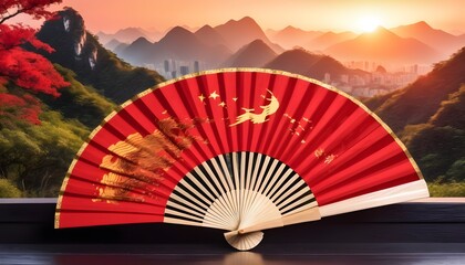 Chinese traditional fan macro, landscape in the background at sunset