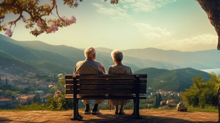 Old couple enjoy beautiful mountain view. Active pensioners journey travel. Family trip. Happy retirement concept. Mature pensioner people hike outdoor. Elder joy hiker walk outside. Europe vacation. - obrazy, fototapety, plakaty