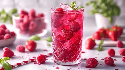 Glass of Raspberries Drink Next to Bowl of red berry fruits, summer refreshment