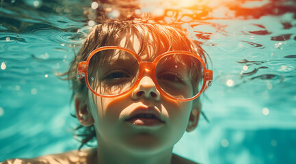 Fototapeta premium Un petit garçon avec des lunettes se baignant dans une piscine.