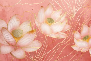 Seamless pattern featuring lotus designs in light pink and gold lines on a background.