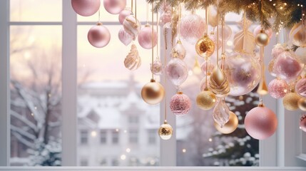 Brightly decorated Christmas ornaments and wrapped gifts arranged on a table set against a backdrop of rich greenery.