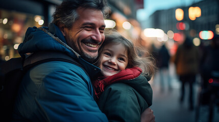 Un père et sa fille se serrant dans les bras. Les yeux remplis de bonheur.