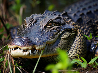 Crocodile waiting for its prey hiding in the ambush