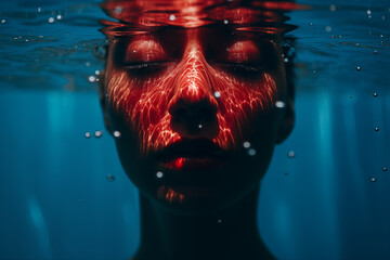Un jeune femme dans une piscine, la tête sous l'eau. - obrazy, fototapety, plakaty