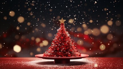 Brightly decorated Christmas ornaments and wrapped gifts arranged on a table set against a backdrop...