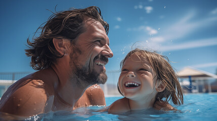 Un père et sa fille se baignant dans une piscine, l'été sous un beau ciel bleu