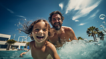 Un père et sa fille jouant dans une piscine, l'été sous un beau ciel bleu