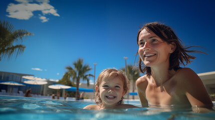 Fototapeta na wymiar Une mère et sa fille se baignant dans une piscine, l'été sous un beau ciel bleu