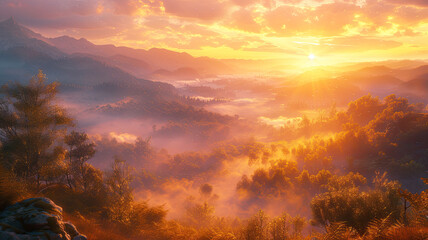 Early morning sun rays illuminate a mist-covered forest landscape with the backdrop of majestic mountains at sunrise. 