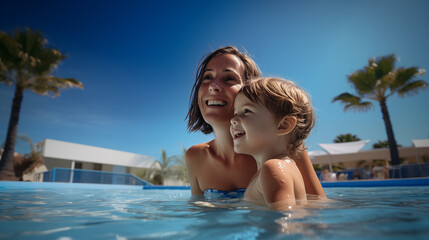 Une mère et sa fille se baignant dans une piscine, l'été sous un beau ciel bleu - obrazy, fototapety, plakaty