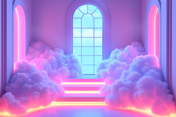 Pink neon atmospere room with a window steps and clouds, modern concep of stariway to heaven, blissfull enviroment and trending rooms. - obrazy, fototapety, plakaty