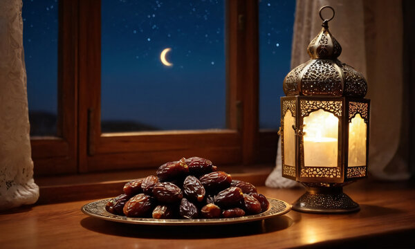 Still life with traditional Arabic lantern, bowl of dates as a dish to start Iftar on a wooden table against a window with curtains and a night sky with a crescent moon for Ramadan holy month
