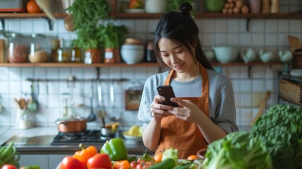 Cheerful woman in an apron using a smartphone in a kitchen filled with fresh vegetables, engaging with technology for meal prep or recipe lookup.
