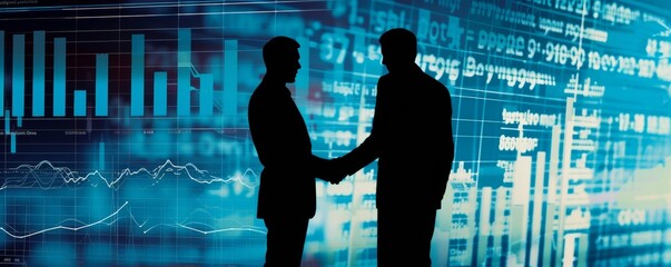 Silhouette of two individuals shaking hands with a backdrop of glowing financial graphs and charts, suggesting a business or financial context, ideal for corporate events.
