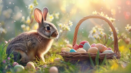 A sweet bunny is situated next to a basket full of colorful eggs called Easter in a funky meadow beneath the spring sun.
 - obrazy, fototapety, plakaty