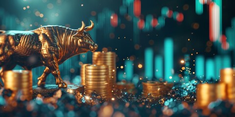 A metallic bull amongst stacks of gold coins signifies financial growth, investment triumph, and market optimism, ideal for depicting stocks and wealth.