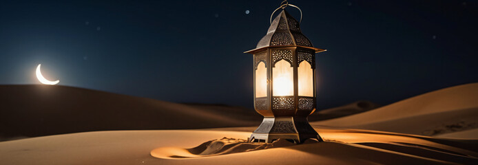 Panoramic banner with traditional ornamental glowing Arabic lantern on the sand in the middle of the desert on the background of night sky and crescent moon. Header with copy space for Ramadan Kareem - obrazy, fototapety, plakaty