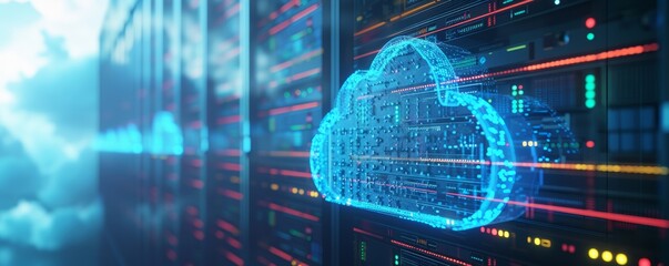 Futuristic data center with glowing blue digital cloud symbolizing cloud computing and connectivity, suitable for IT-themed events.