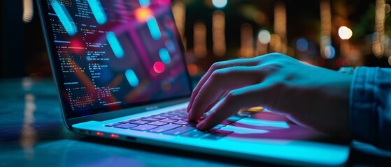 Close-up of hands typing on a laptop with code on screen, vibrant blue and pink neon colors set against a blurred city night backdrop, suggesting themes of technology, software development, and modern