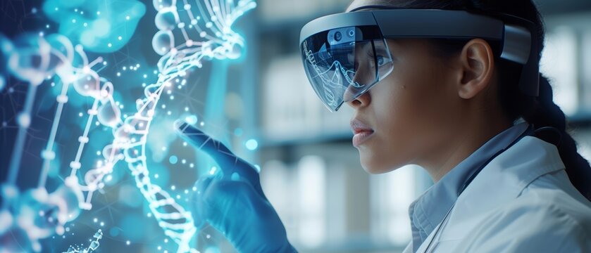 Focused woman wearing an AR headset interacting with a holographic DNA structure in a high-tech lab, indicating futuristic scientific research with biotechnology applications pro vision.