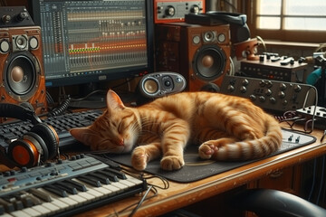 A cat sleeps in a home studio.