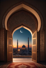 Beautiful room with frescoed walls, traditional carpet and traditional Muslim archway overlooking the mosque at sunset. Majestic Masjid as a place of worship for Muslims. Ramadan Mubarak