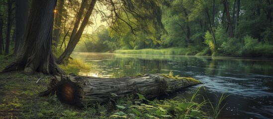 A river flows through the forest, enhancing the natural landscape with its flowing water, while surrounded by lush plant life, trees, and grass.