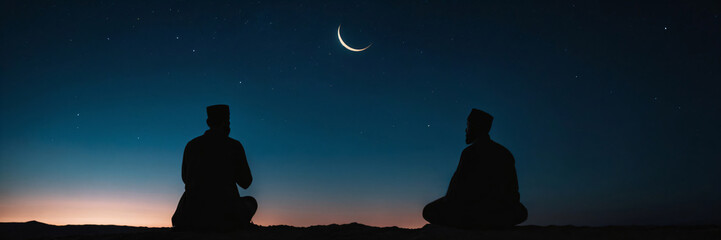 Panoramic banner with silhouette of two praying Muslim men in traditional clothing against a night sky with a crescent moon. Religious men praying alone among mountains during Ramadan