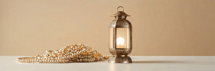 Empty panoramic header with traditional ornamental Arabic lantern and beautiful Muslim rosary praying beads in a studio on golden background with copy space for greeting text. Ramadan Kareem wallpaper