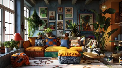 A vibrant bohemian living room filled with an array of eclectic art, lush indoor plants, and colorful patterned textiles.