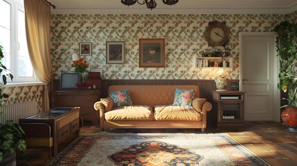 A cozy vintage living room decorated with classic floral wallpaper, antique furniture, and warm, inviting colors. - obrazy, fototapety, plakaty