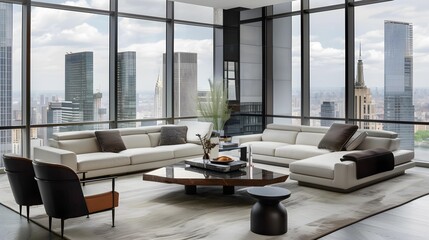 This luxurious penthouse living room features sophisticated decor, expansive windows offering panoramic views of the city skyline. - obrazy, fototapety, plakaty