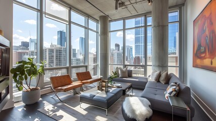 An urban chic living room in a high-rise featuring minimalist furniture, large windows, and a captivating view of the city's skyline.