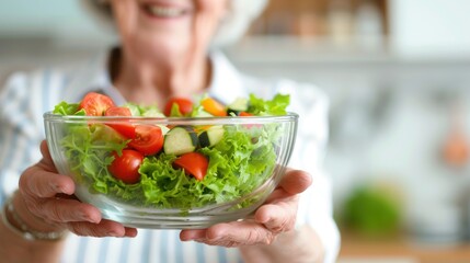 An elderly woman holds a salad bowl of healthy vegetables in front of her on a blurred kitchen background, Closeup