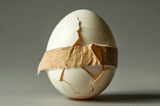 Broken egg with a crack and medical Band-Aid on it. Concept of treatment and healthcare