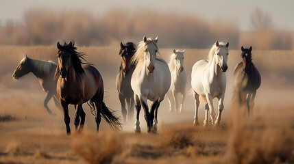 Fototapeta premium Wild Horses Running Along Prairie Grass