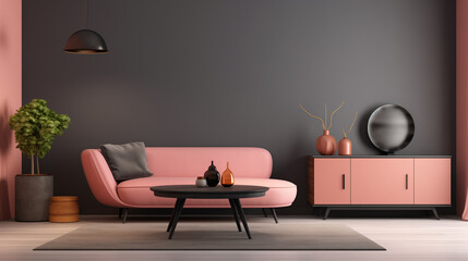 Modern Living Room with Pink Sofa and Dark Wall, Elegant Minimalist Design