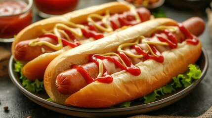 Tasty hot dogs with sausages, ketchup and mustard on a plate, Close-up