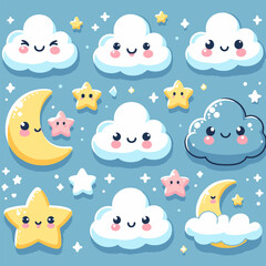Cute Cloud, Star and Moon Vector Illustration