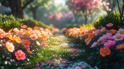 Beautiful garden with blooming flowers.