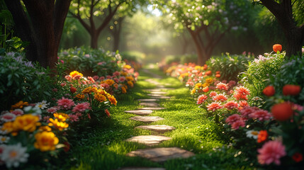 Beautiful garden with blooming flowers.
