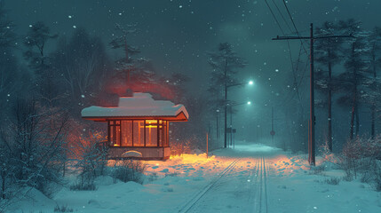 Bus stop at night in winter.