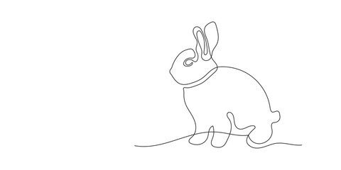 One line drawing of Easter Bunny on backhround with Copy space. Cute Rabbit silhouette with ears and Editable stroke for spring design greeting card and web banner. Outline Vector illustration